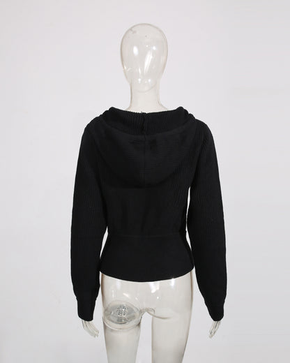 Black Rhinestone Pocket Hooded Knit Cardigan