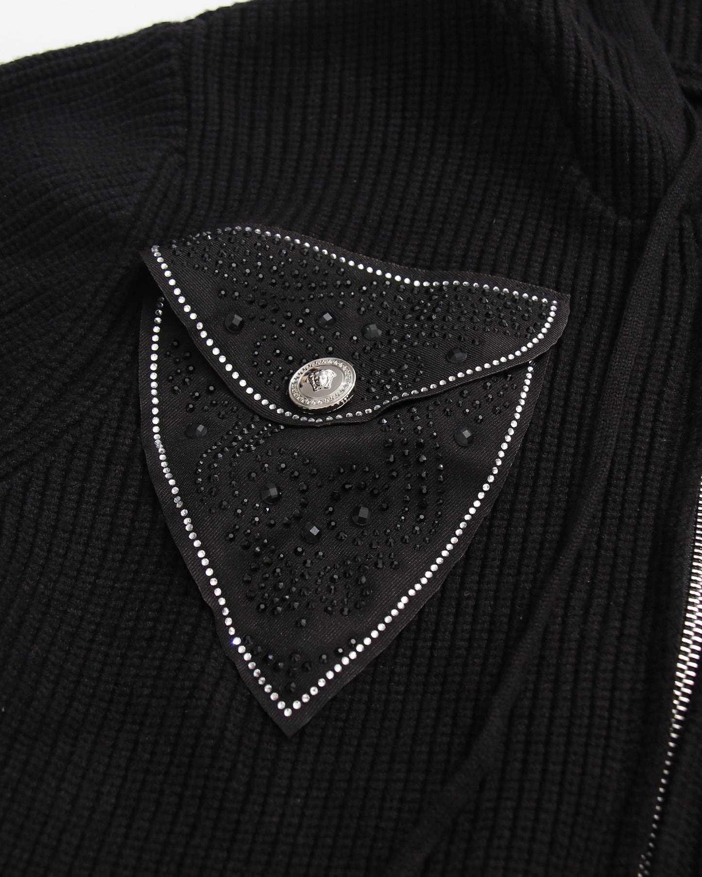 Black Rhinestone Pocket Hooded Knit Cardigan