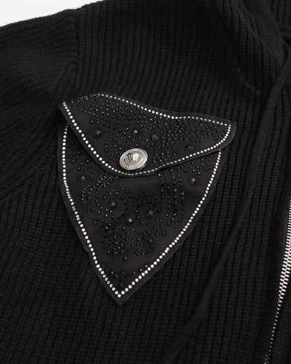 Black Rhinestone Pocket Hooded Knit Cardigan