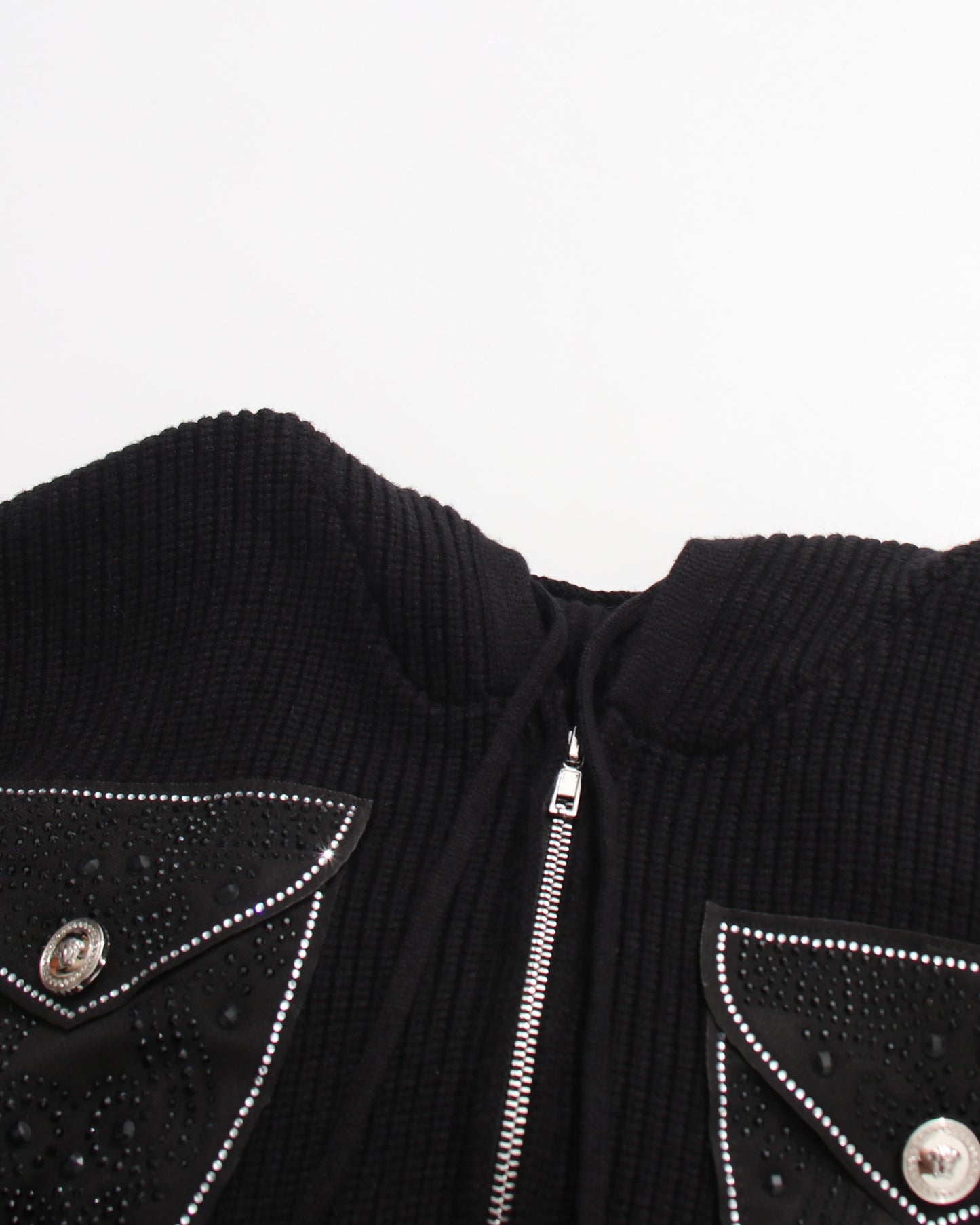 Black Rhinestone Pocket Hooded Knit Cardigan