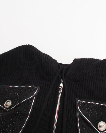 Black Rhinestone Pocket Hooded Knit Cardigan