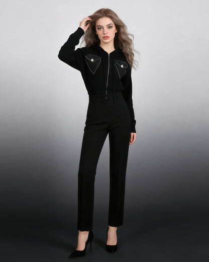 Black Rhinestone Pocket Hooded Knit Cardigan