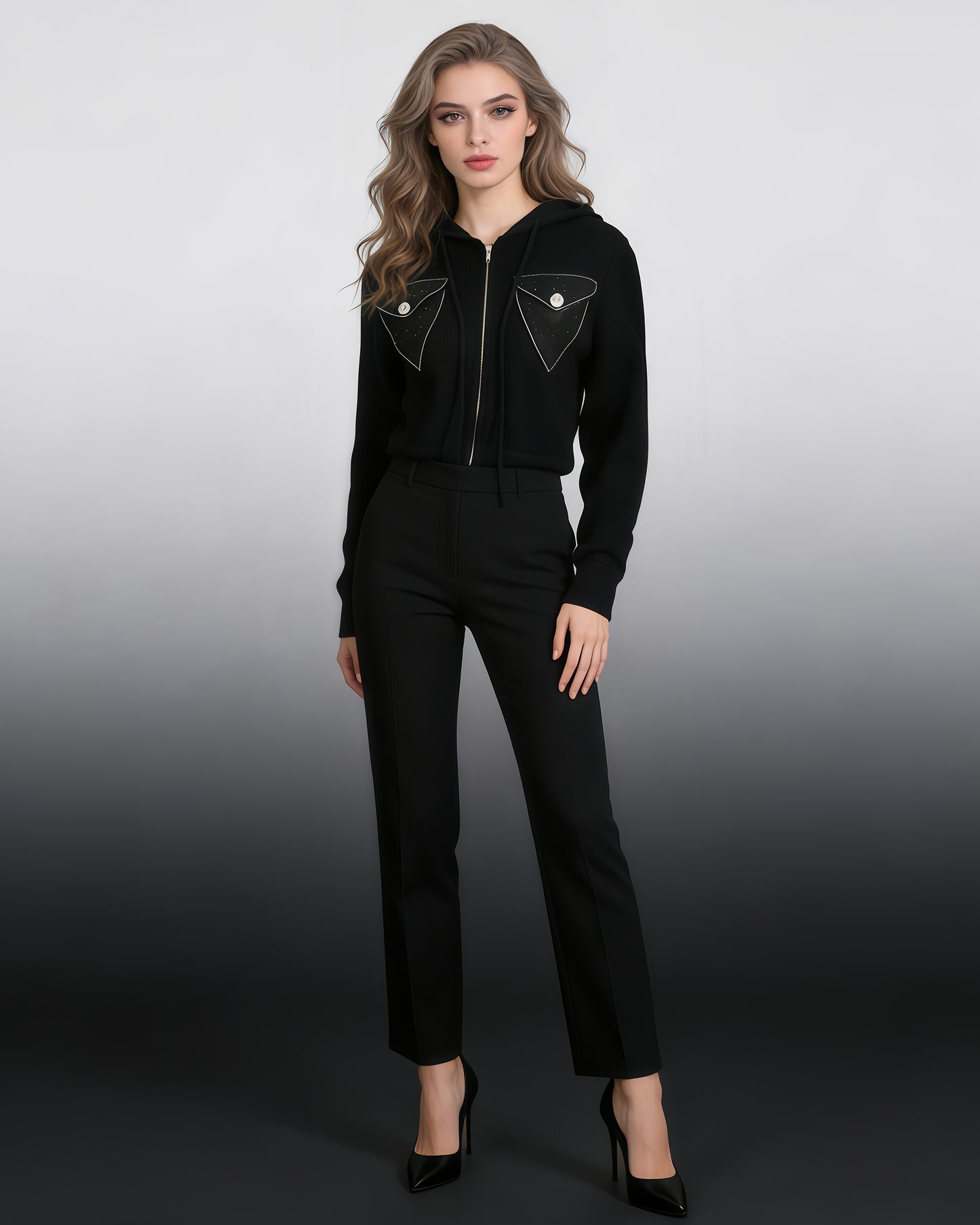 Black Rhinestone Pocket Hooded Knit Cardigan