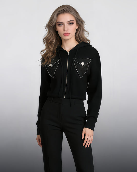 Black Rhinestone Pocket Hooded Knit Cardigan