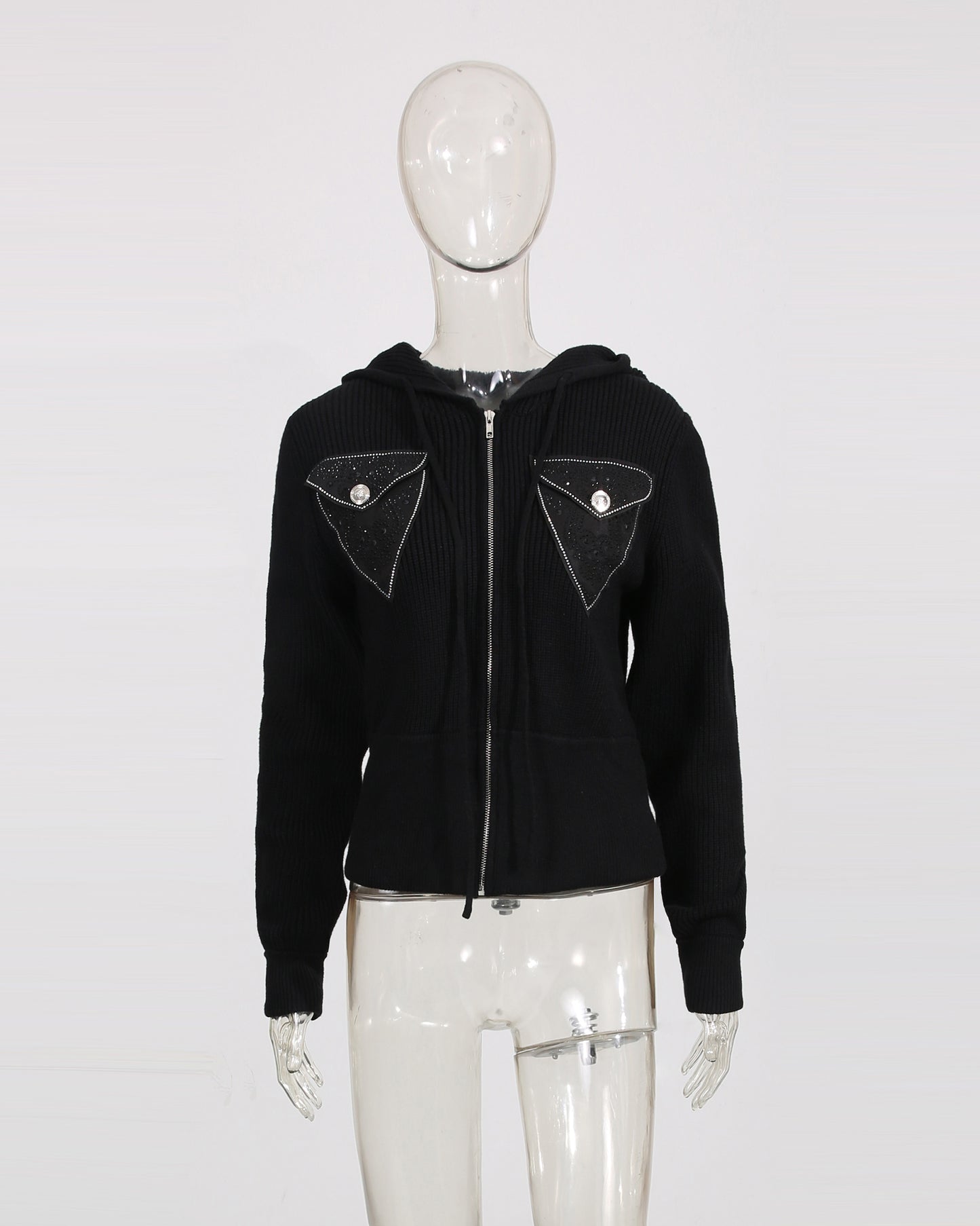 Black Rhinestone Pocket Hooded Knit Cardigan