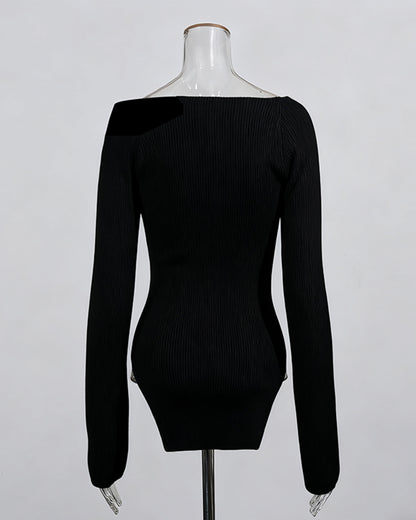 Black Knitting Sweater with Gold Keyhole Accent