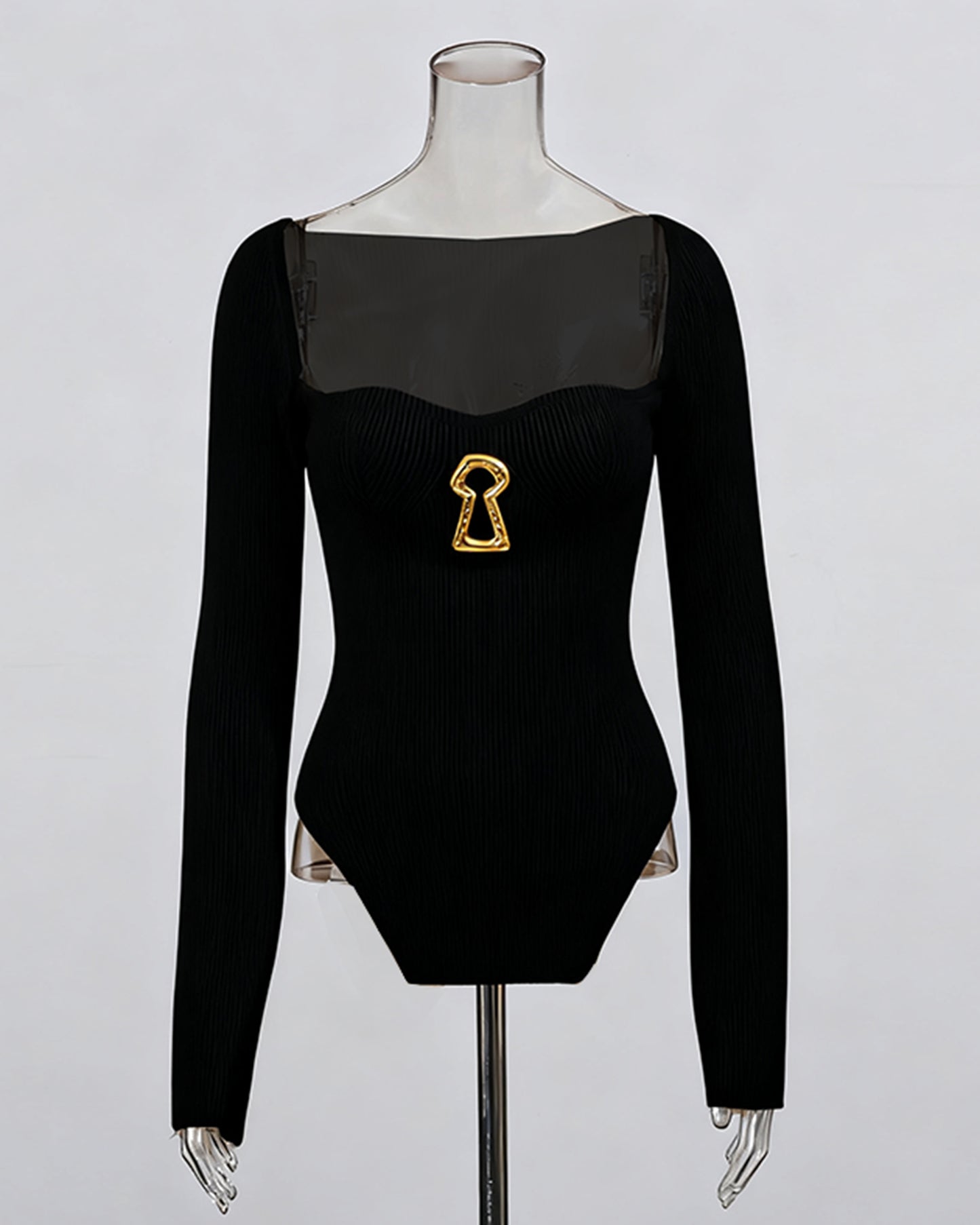 Black Knitting Sweater with Gold Keyhole Accent