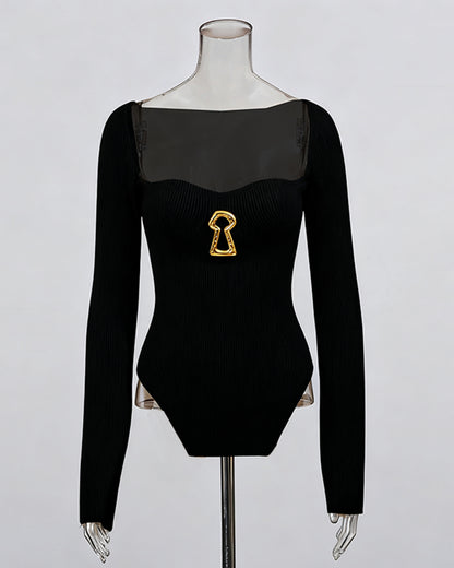 Black Knitting Sweater with Gold Keyhole Accent