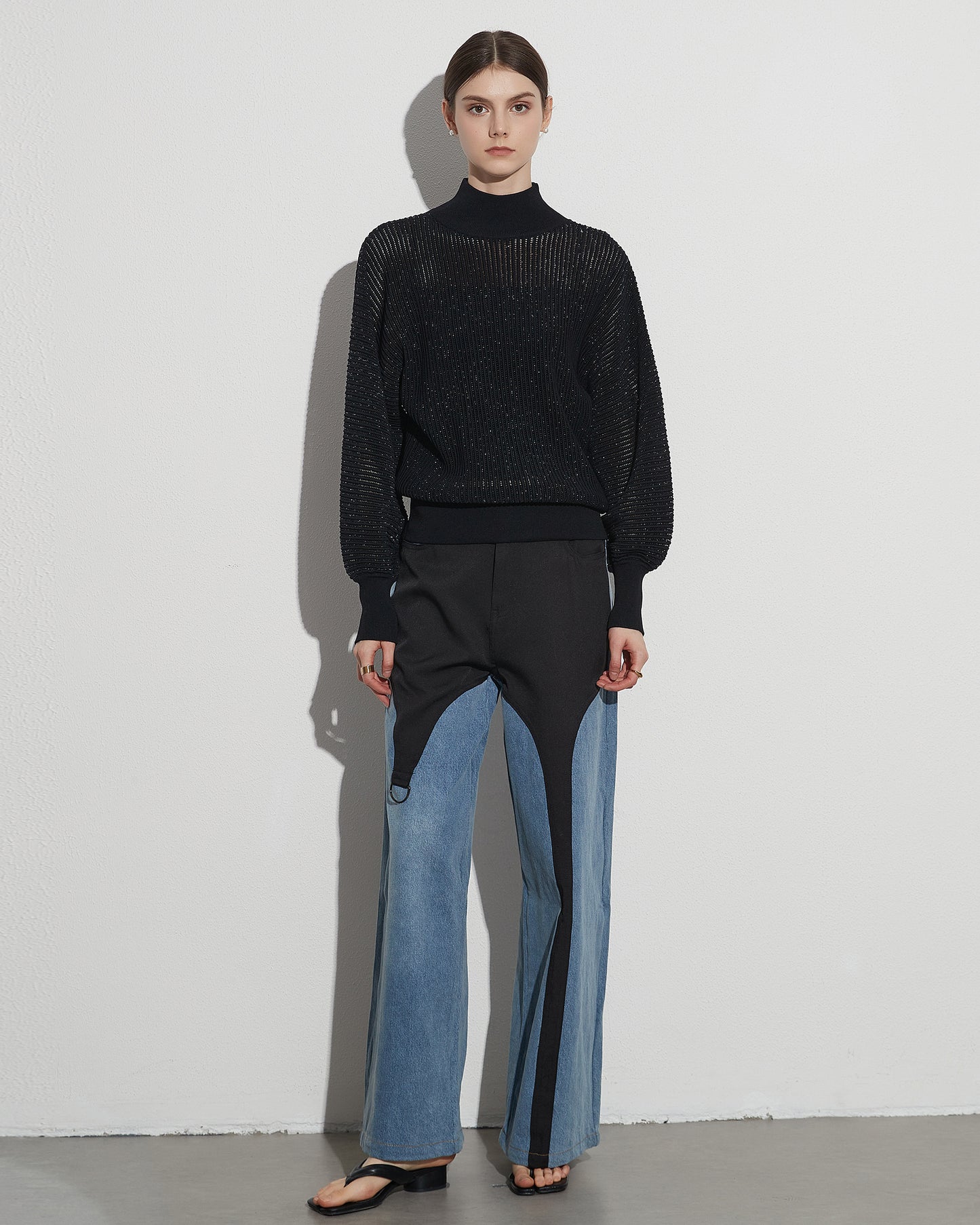 Black Ribbed Turtleneck Sweater with Puff Sleeves