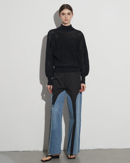 Black Ribbed Turtleneck Sweater with Puff Sleeves