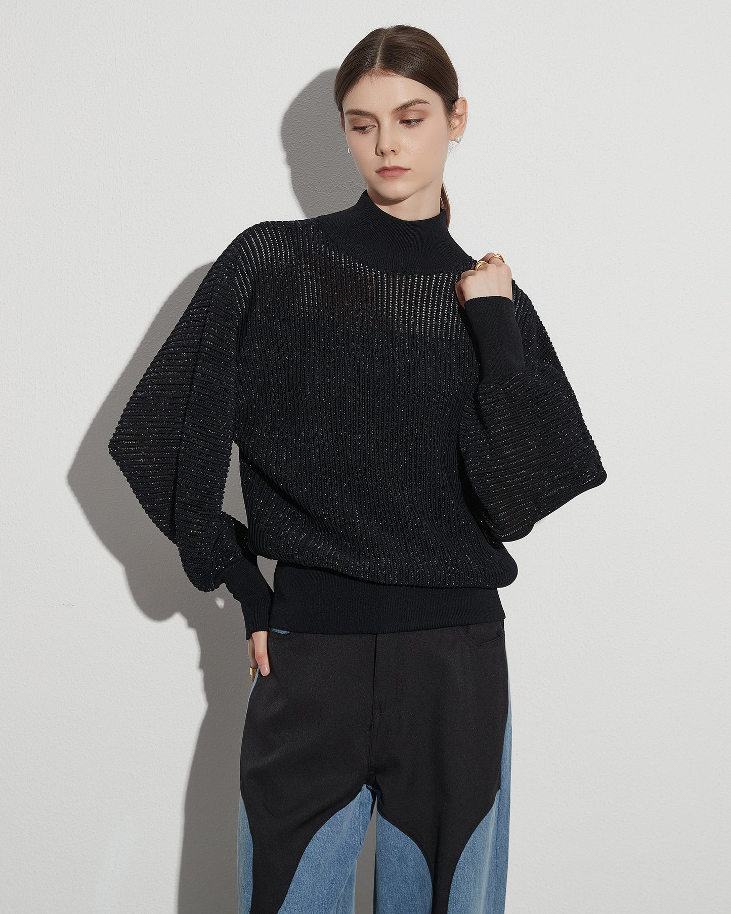 Black Ribbed Turtleneck Sweater with Puff Sleeves