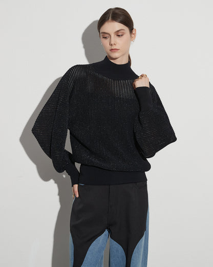 Black Ribbed Turtleneck Sweater with Puff Sleeves
