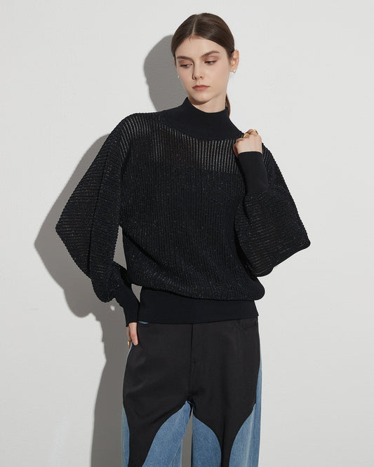 Black Ribbed Turtleneck Sweater with Puff Sleeves
