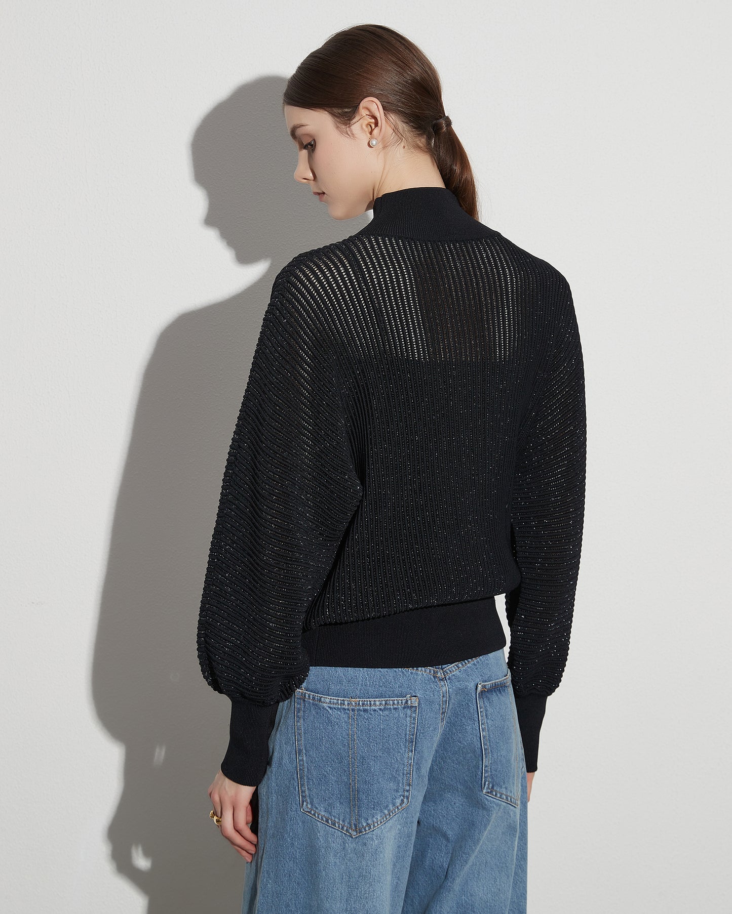 Black Ribbed Turtleneck Sweater with Puff Sleeves