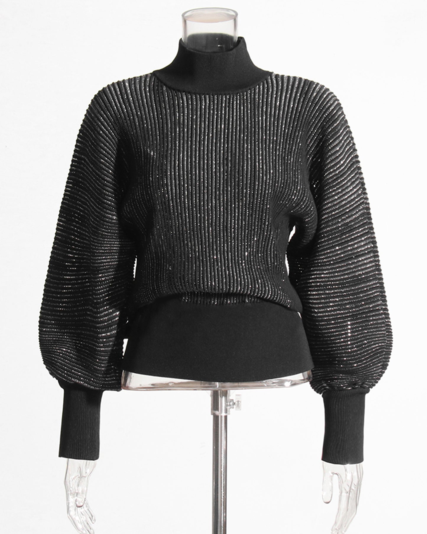 Black Ribbed Turtleneck Sweater with Puff Sleeves