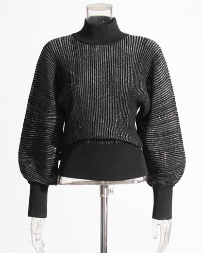 Black Ribbed Turtleneck Sweater with Puff Sleeves