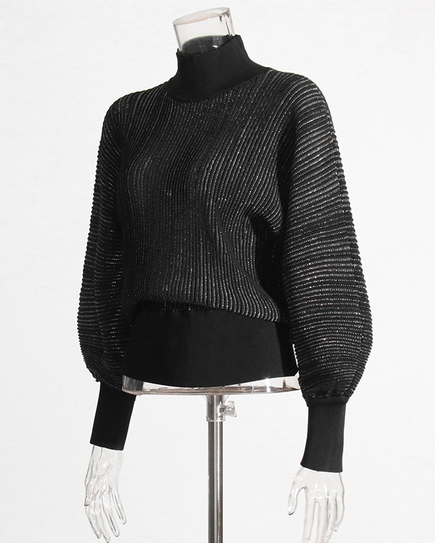 Black Ribbed Turtleneck Sweater with Puff Sleeves
