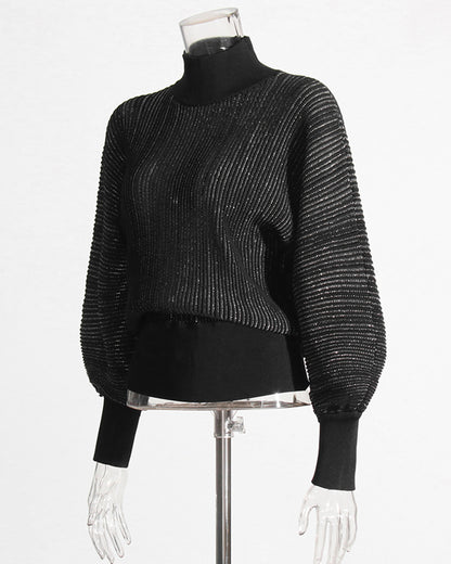Black Ribbed Turtleneck Sweater with Puff Sleeves