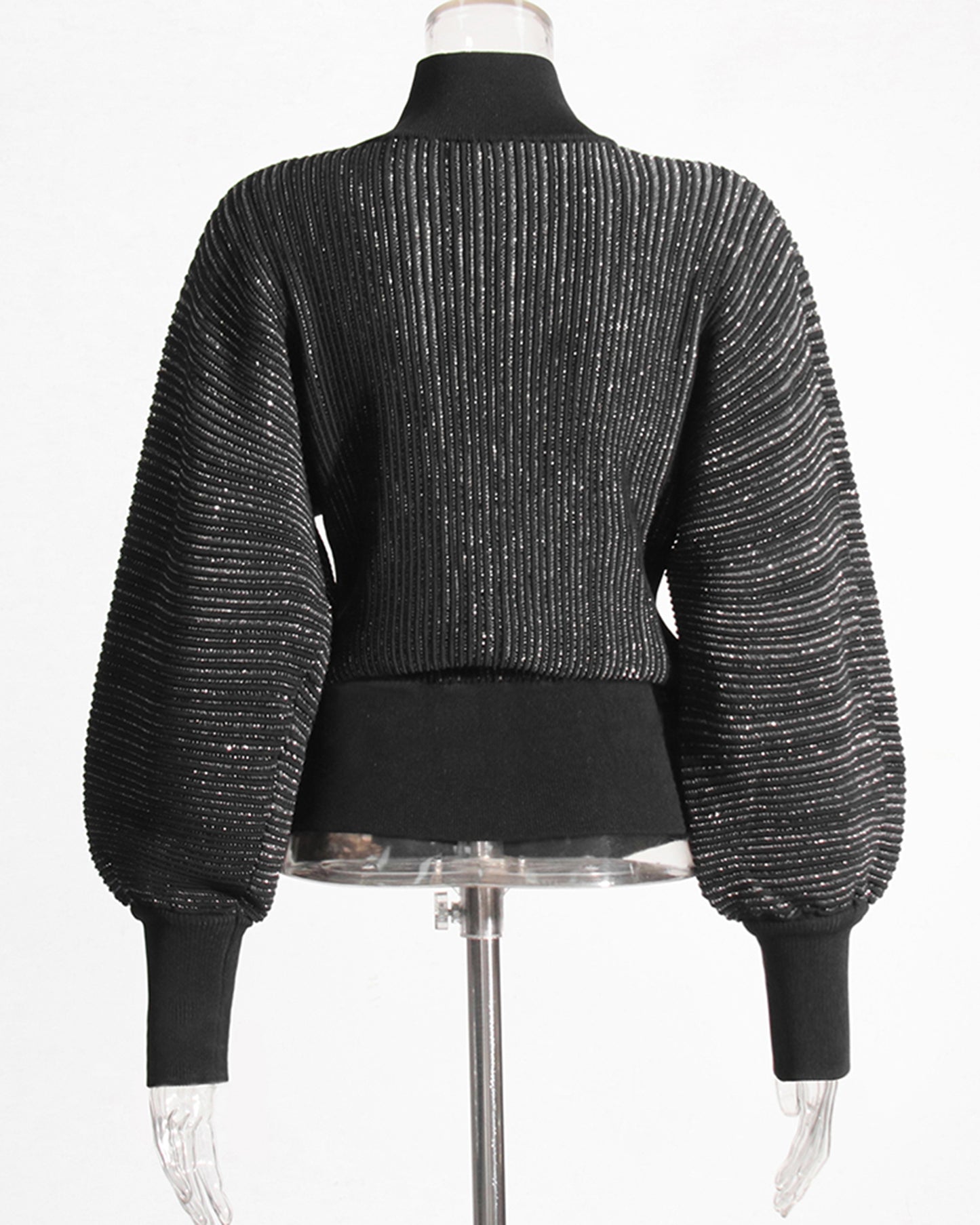 Black Ribbed Turtleneck Sweater with Puff Sleeves