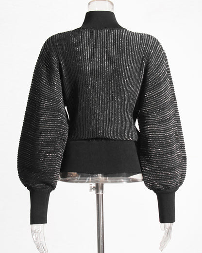 Black Ribbed Turtleneck Sweater with Puff Sleeves