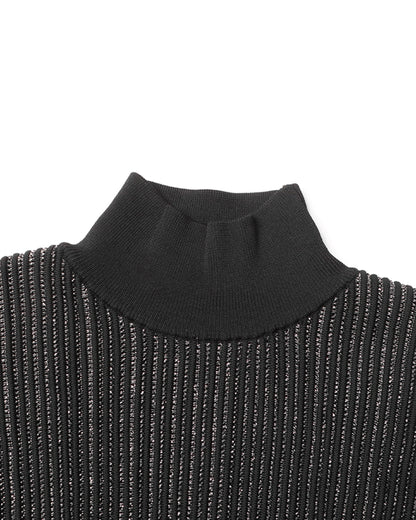 Black Ribbed Turtleneck Sweater with Puff Sleeves