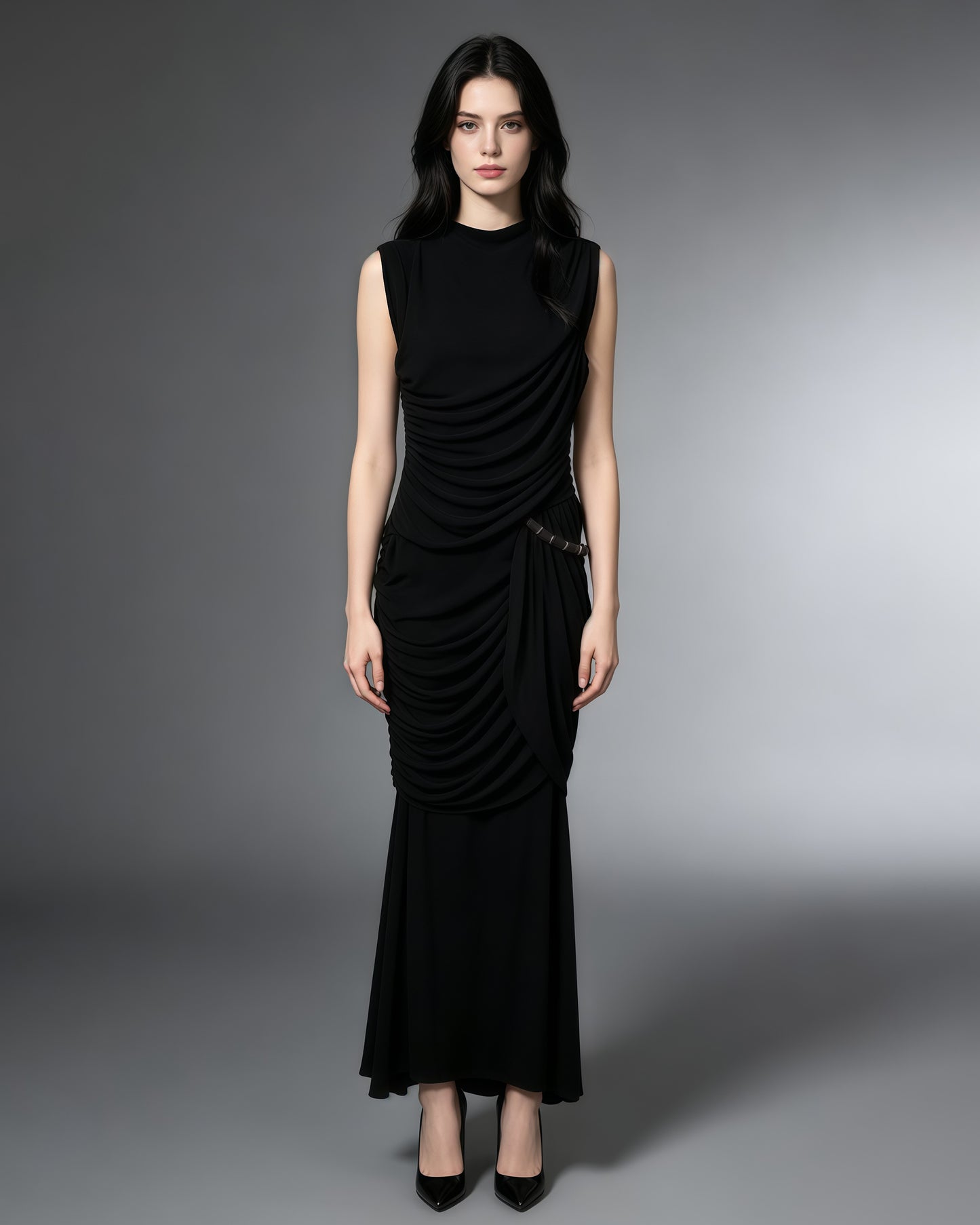 Black Round Neck Ruched Woven Dress