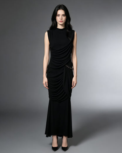 Black Round Neck Ruched Woven Dress