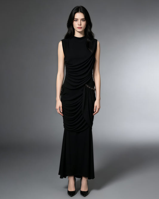 Black Round Neck Ruched Woven Dress