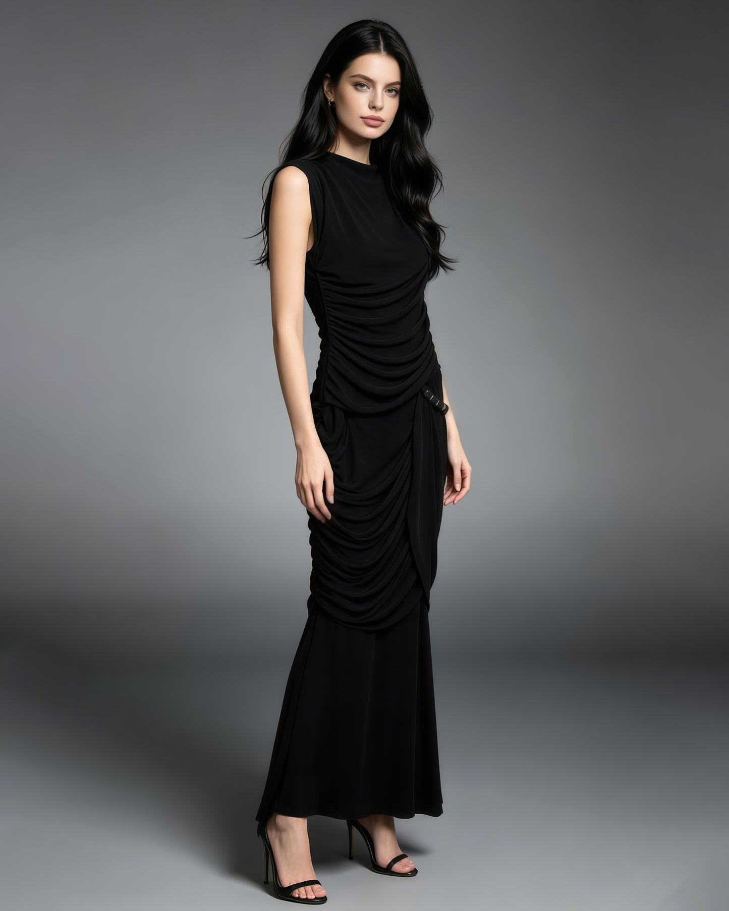 Black Round Neck Ruched Woven Dress