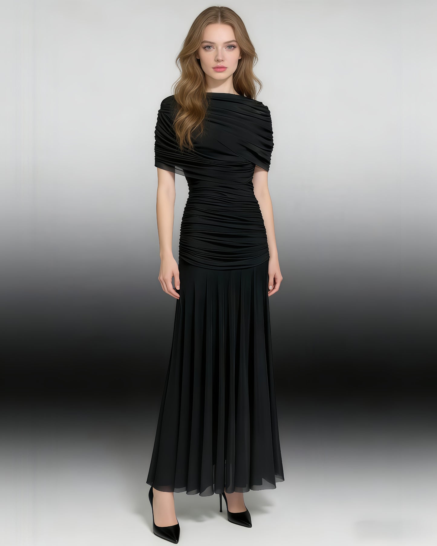 Black Ruched Waist Draped Maxi Dress