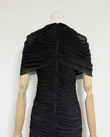 Black Ruched Waist Draped Maxi Dress