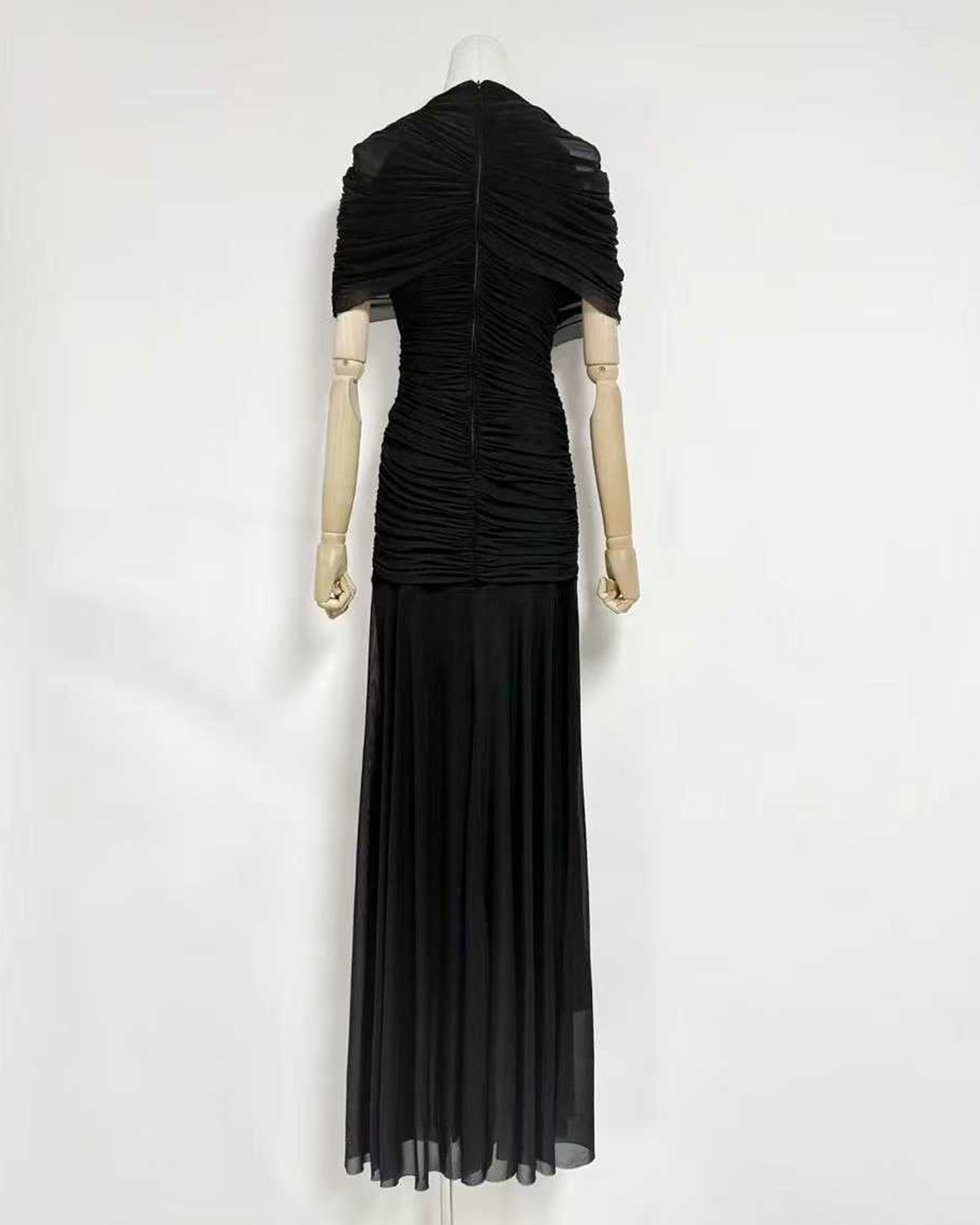 Black Ruched Waist Draped Maxi Dress