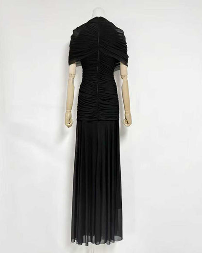 Black Ruched Waist Draped Maxi Dress