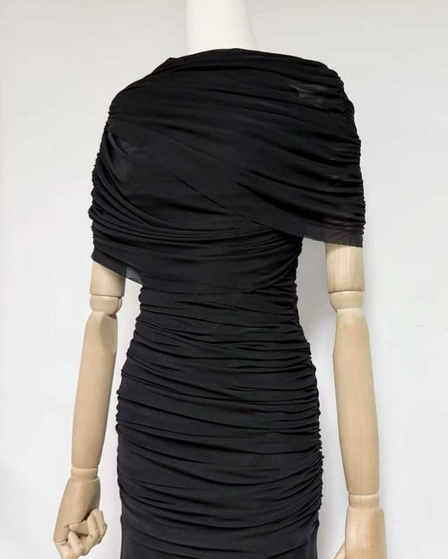 Black Ruched Waist Draped Maxi Dress