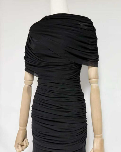 Black Ruched Waist Draped Maxi Dress