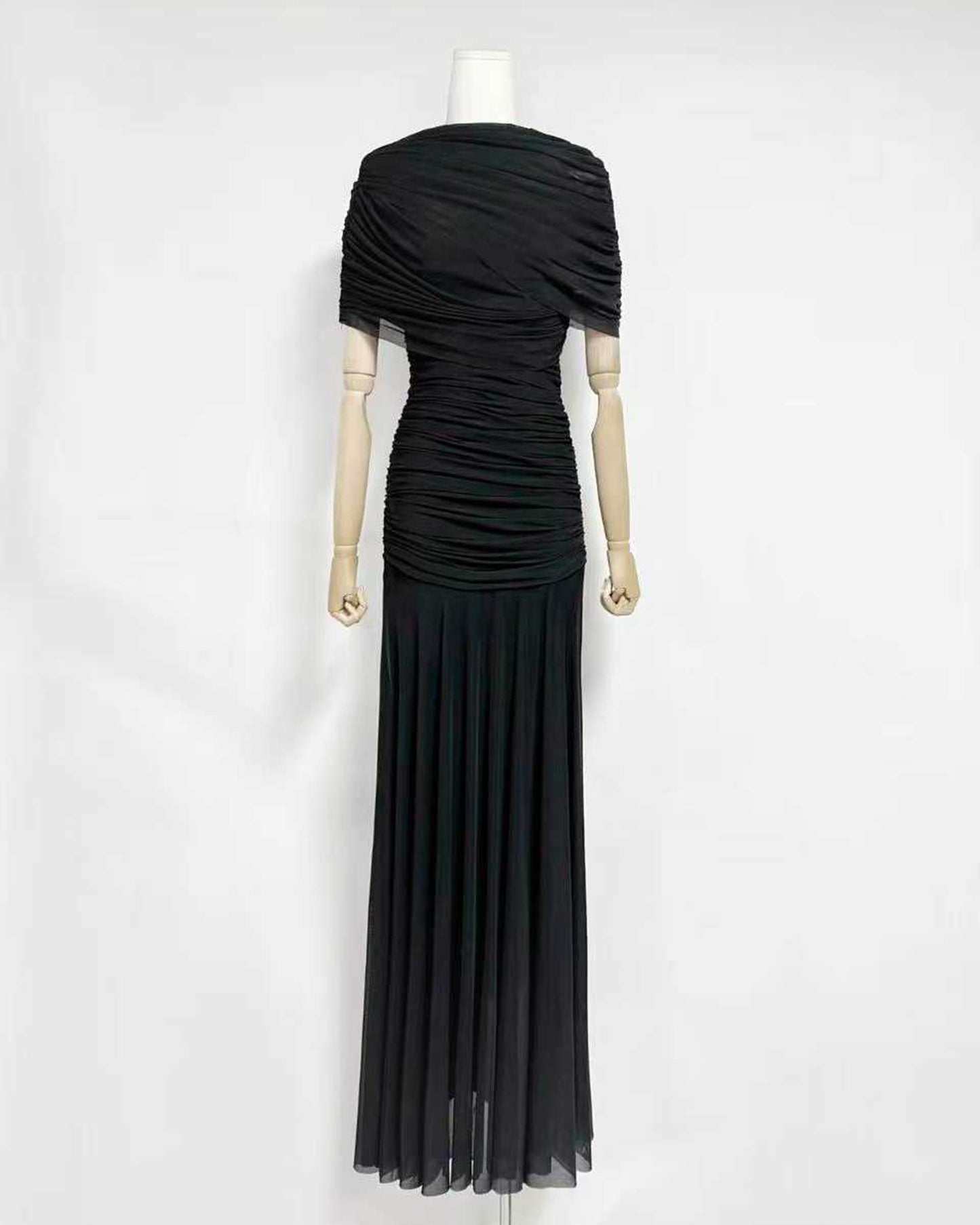 Black Ruched Waist Draped Maxi Dress