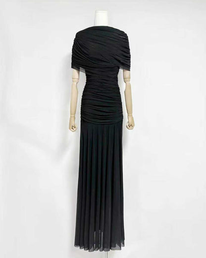 Black Ruched Waist Draped Maxi Dress