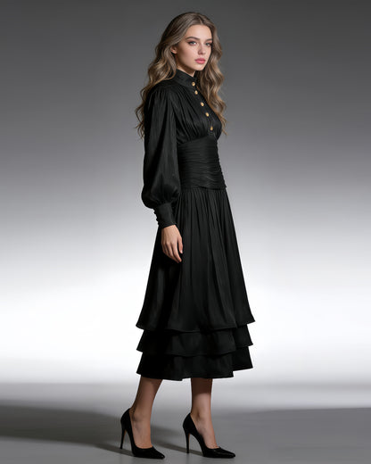 Black Ruched Waist Tiered Midi Dress