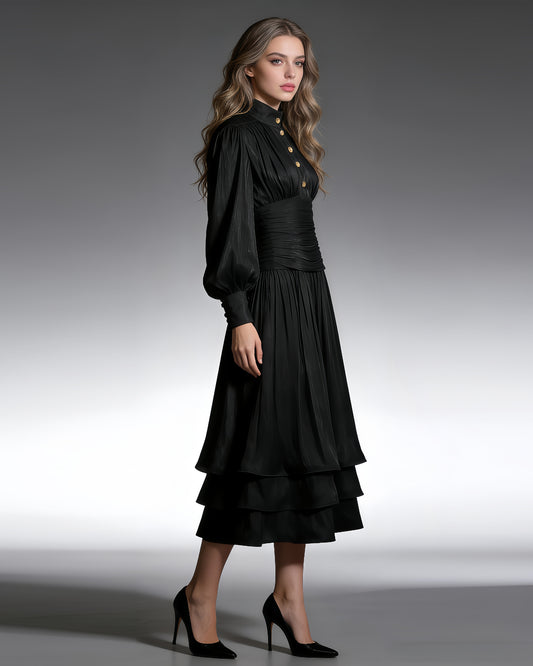 Black Ruched Waist Tiered Midi Dress