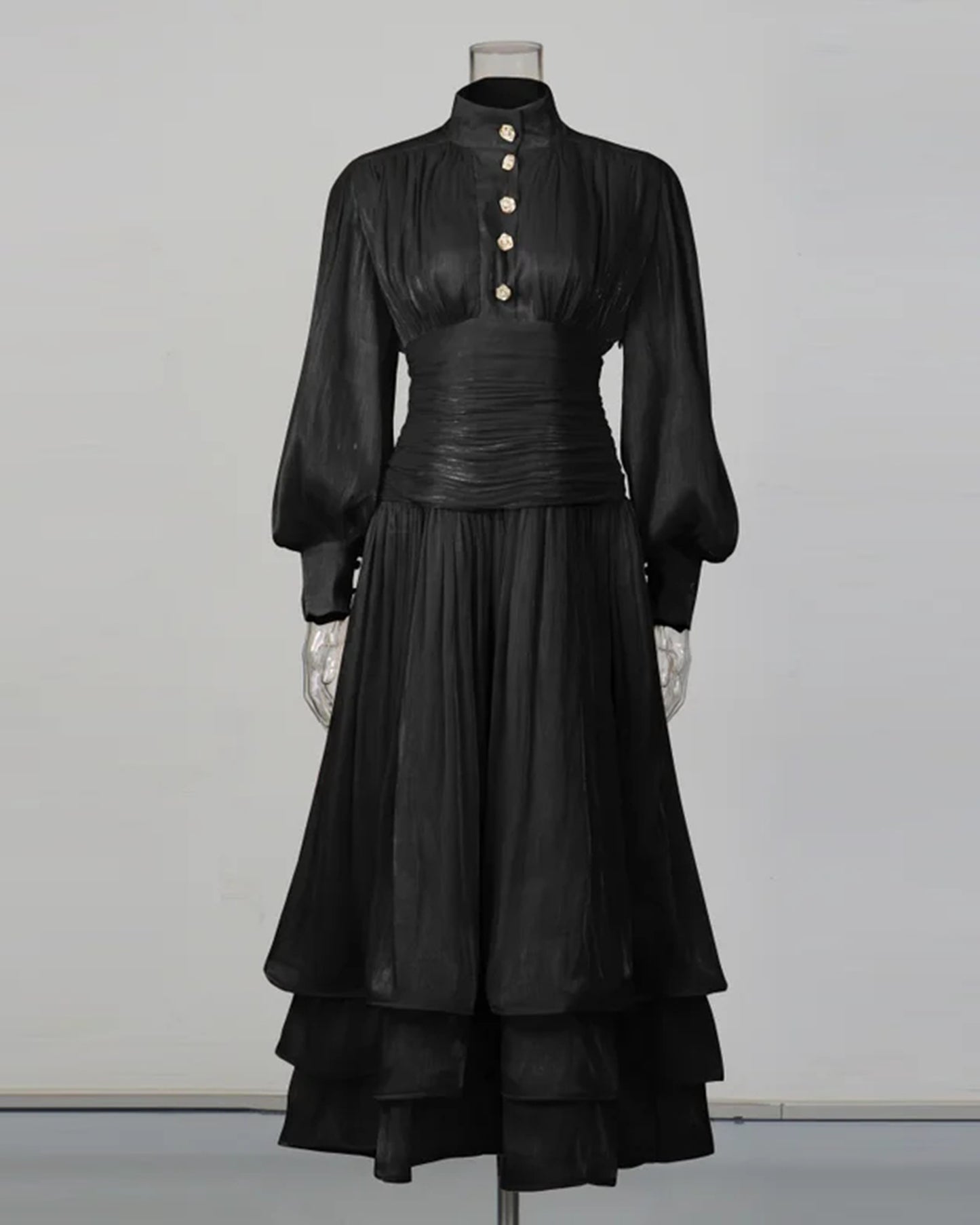 Black Ruched Waist Tiered Midi Dress