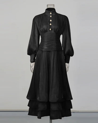 Black Ruched Waist Tiered Midi Dress