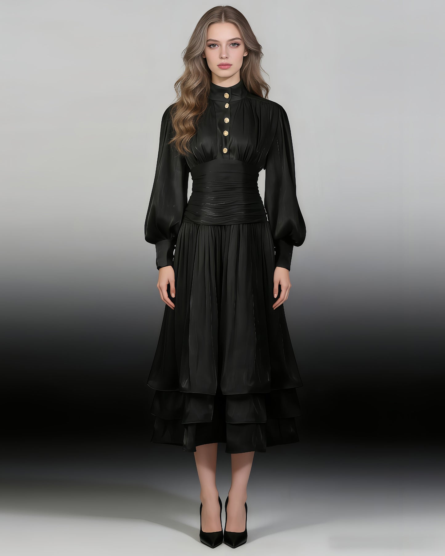 Black Ruched Waist Tiered Midi Dress