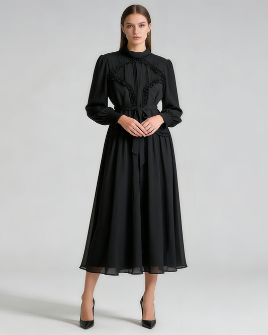 Black Ruffled Tie-Waist Maxi Dress