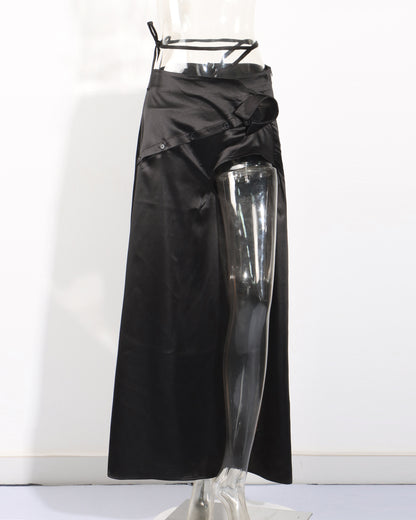 Black Satin Asymmetrical Cutout Midi Skirt