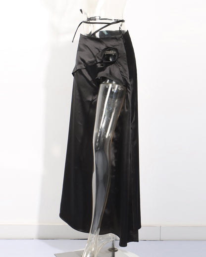 Black Satin Asymmetrical Cutout Midi Skirt