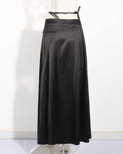 Black Satin Asymmetrical Cutout Midi Skirt