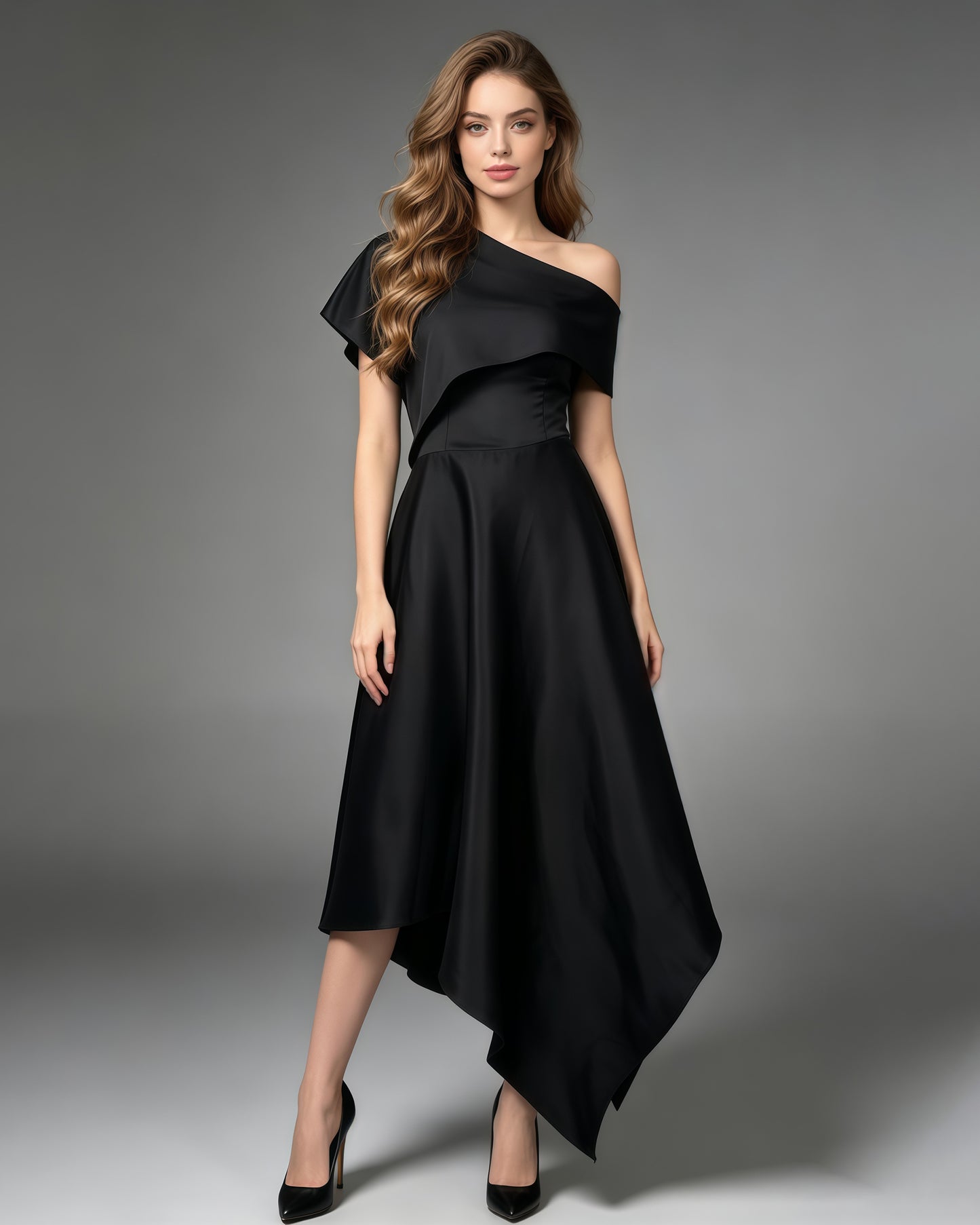 Black Satin Asymmetrical Off One Shoulder Dress