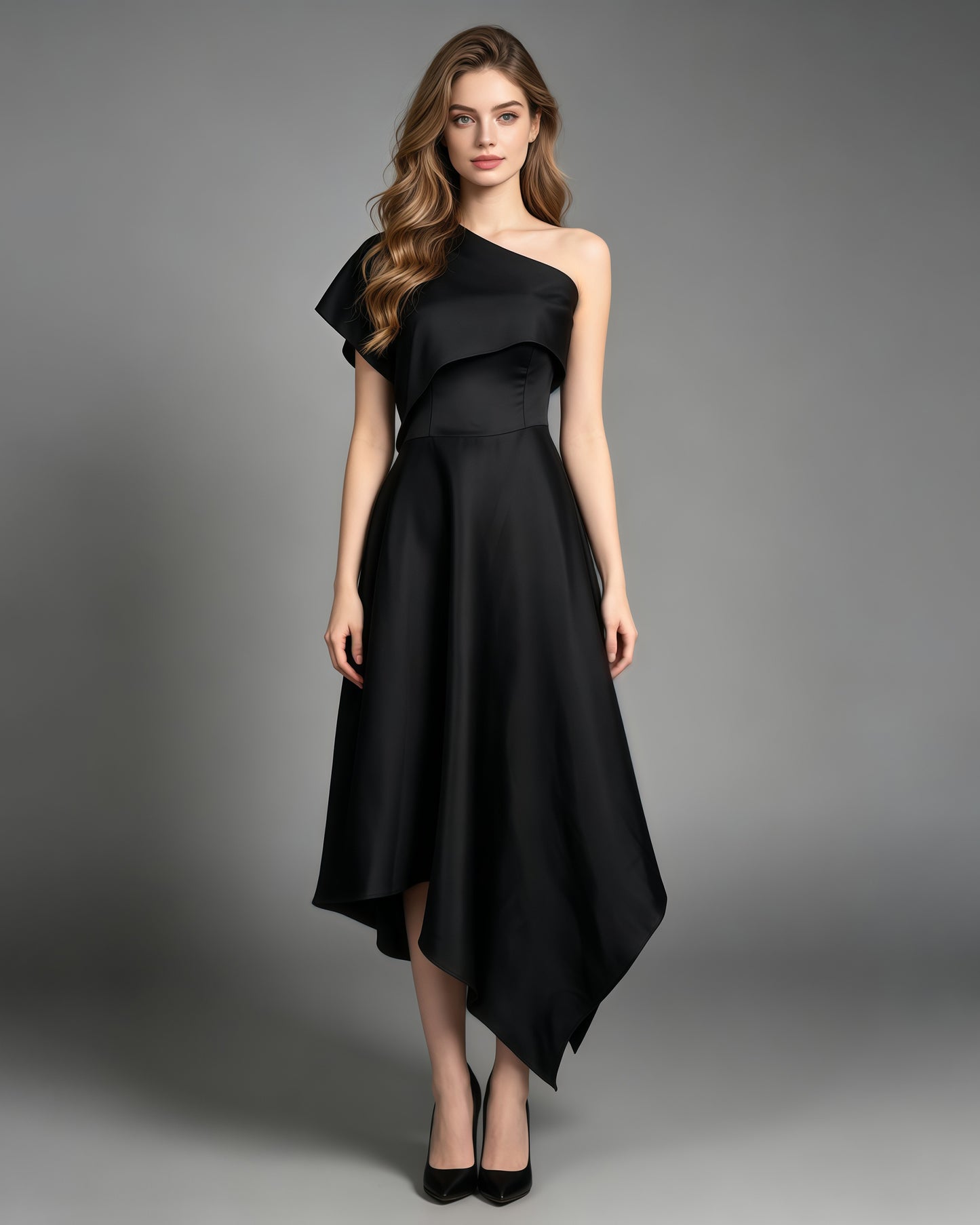 Black Satin Asymmetrical Off One Shoulder Dress