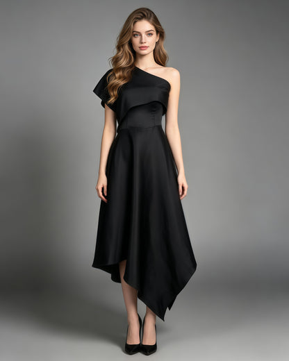 Black Satin Asymmetrical Off One Shoulder Dress