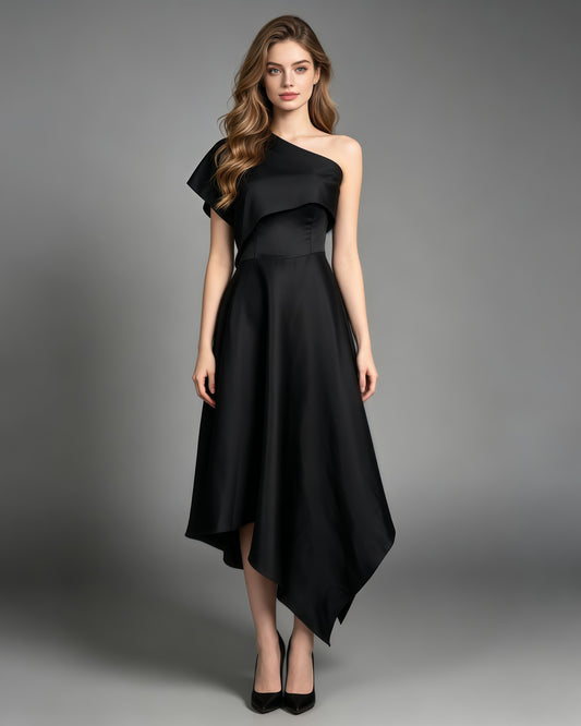 Black Satin Asymmetrical Off One Shoulder Dress